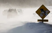 Autofahrer bahnen sich ihren Weg durch intensiven, vom Wind verwehten Schnee entlang der Limerick Rd. in Arundel nach dem letzten Schneesturm am Sonntag, 15. Februar 2015.