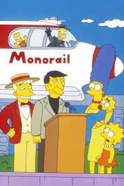 Die  Einschienenbahn wird von Mr. Lanley (l.) und Leonard Nimoy (2.v.l.) eingeweiht. Marge (3.v.r.), Lisa (r.), Bart (oben l.) und Maggie (2.v.r.) sind mächtig stolz auf Homer, der den Job als Zugführer angenommen hat.