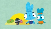 Bop (mi.) und Boo (re.) gelingt es, den ängstlichen Maulwurf Marvin (li.) aus seinem Maulwurfsloch unter der Erde hinauf in ihre Hasenwelt zu locken. Sie zeigen ihm alles, was ihnen dort so gut gefällt.