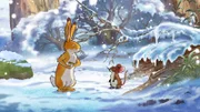Der kleine braune Hase besucht seine Freundin die kleine Feldmaus, um ihr sein tolles Winterfell zu zeigen.