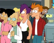 Vorne, v.li.: Amy, Professor Farnsworth, Leela, Fry, Bender