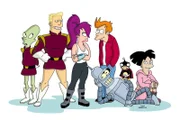 (6. Staffel) - Futurama - New York und die Welt im Jahr 3000: (v.l.n.r.) Kiff K., Zapp Brannigan, Leela, Fry, Bender, Nibbler und Amy ...
