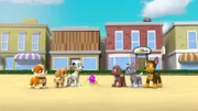 L-R: Rubble, Skye, Marshall, The Space Alien's toy, Zuma, Rocky, Chase