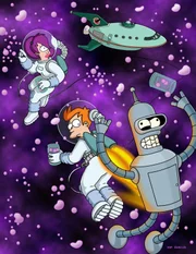 Mit seinen neuen Freunden Leela (l.) und Roboter Bender (r.) erkundet Fry (M.) den Weltraum.