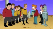 William Shatner (5.v.r.), Leonard Nimoy (4.v.r.), Fry (3.v.r.), Leela (2.v.r.), Bender (r.)