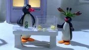 Guetnachtgschichtli Pingu Staffel 6 Folge 13 Pingu – Der Schul-Krebs Pingu mit dem Krebs auf dem Kopf.  Copyright: SRF/Joker Inc., d.b.a., The Pygos Group