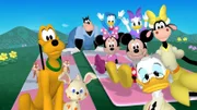 BACK: PETE, DONALD DUCK, DAISY DUCK; MIDDLE: MINNIE MOUSE, MICKEY MOUSE, CLARABELLE COW FRONT: DALE, PLUTO, CHIP, BELLA, LUDWIG VON DRAKE
