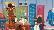 Der Pinguin berichtet Sherlock Yack und Hermione von dem Anschlag auf seine Sommerkollektion.