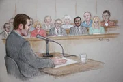 Eine Gerichtszeichnung zeigt Daniel Reece im Zeugenstand. Er hatte mit Lashley im Gefängnis gesessen und dieser hatte ihm gegenüber den Mord an Janie Shepherd gestanden.