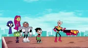 v.li.: Raven, Starfire, Beast Boy, Cyborg, Robin, Brother Blood