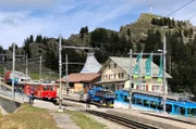 In Rigi Staffel teilt sich die Strecke. Die roten Züge fahren nach Vitznau, die blauen nach Goldau.