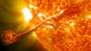 On August 31, 2012 a long filament of solar material that had been hovering in the sun's atmosphere, the corona, erupted out into space at 4:36 p.m. EDT. The coronal mass ejection, or CME, traveled at over 900 miles per second. The CME did not travel directly toward Earth, but did connect with Earth's magnetic environment, or magnetosphere, causing aurora to appear on the night of Monday, September 3.   Picuted here is a lighten blended version of the 304 and 171 angstrom wavelengths. Cropped  Credit: NASA/GSFC/SDO  <b><a href="http://www.nasa.gov/audience/formedia/features/MP_Photo_Guidelines.html"rel="nofollow">NASA image use policy.</a></b>  <b><a href="http://www.nasa.gov/centers/goddard/home/index.html" rel="nofollow">NASA Goddard Space Flight Center</a></b> enables NASA‚Äôs mission through four scientific endeavors: Earth Science, Heliophysics, Solar System Exploration, and Astrophysics. Goddard plays a leading role in NASA‚Äôs accomplishments by contributing compelling scientific knowledge to advance the Agency‚Äôs mission.  <b>Follow us on <a href="http://twitter.com/NASA_GoddardPix" rel="nofollow">Twitter</a></b>  <b>Like us on <a href="http://www.facebook.com/pages/Greenbelt-MD/NASA-Goddard/395013845897?ref=tsd" rel="nofollow">Facebook</a></b>  <b>Find us on <a href="http://instagrid.me/nasagoddard/?vm=grid" rel="nofollow">Instagram</a></b>