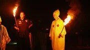Picture Shows: KKK Loyal White Knight chapter members preparing for cross lighting. Taken in rural Alabama.
