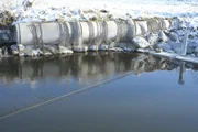 Die Stahlseile, die aus dem Wasser ragen, sind Teil eines elektrischen Unterwasser-Zauns, der Fische vor Wasserturbinen schützen soll.
