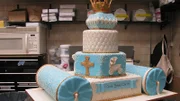 Finished Carlo's baptism cake at bakery.
