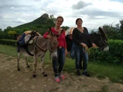 Die Passagierinnen Babsi Geller und Christine Bauer mit Eseln in den Weinbergen bei Solutré-Pouilly.