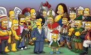 Bart (M.r.) reist ins Jahr 1974, wo er ein heutzutage seltenes Comicheft zum Coverpreis kauft, aber gleichzeitig dafür sorgt, dass Marge nicht mit Homer (hinten), sondern mit Artie Ziff (M.l.) anbandelt ...