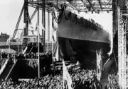 War and Conflict, Pre-World War Two, Sea War, February 1939, The new German battleship "Bismarck" of 35, 000 tons is launched at the "Blehm and Voss shipyard,Hamburg  (Photo by Popperfoto/Getty Images)