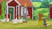 Seit Findus ein eigenes Fahrrad hat, sorgen sich  Petterssons Hühner um ihre Sicherheit auf dem Hof. Darum verlangen sie, dass der kleine Kater von ihnen ausgedachte Fahrtests besteht.