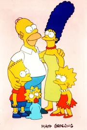 (1. Staffel) - Trotz mancher Auseinandersetzung halten die Simpsons immer fest zusammen: (v.l.n.r.) Bart, Homer, Maggie, Marge und Lisa.