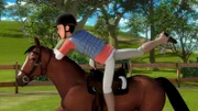 Robin versucht sich im Trickreiten. Auf seinem Pferd Amigo übt er die "Fahne", einen schwierigen Trick.
