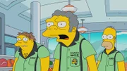 Moe (M.) fühlt sich vernachlässigt, sodass Homer (r.) kurzerhand ein Bowling-Team zusammen mit Lenny, Carl und Barney (l.) gründet, für das Moe als Coach verantwortlich sein soll ...