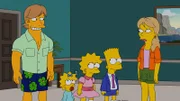 Ein schwerer Tornado sucht Springfield heim und Homer und Marge geraten in Lebensgefahr. Damit ihre Kinder abgesichert sind, falls ihnen was zustoßen sollte, suchen sie für Bart (2.v.r.), Lisa (M.) und Maggie (2.v.l.) einen Vormund. Doch sind Mav (l.) und Portia (r.) wirklich dafür geeignet?