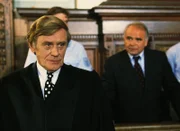 Karel Bosinsky (Edwin Marian, r.) wird des Waffenschmuggels und Mordes verdächtigt. Er sitzt auf der Anklagebank und wird von einem Anwalt (Horst Frank) vertreten, der mit allen Wassern gewaschen ist.