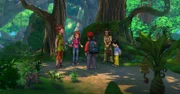 John, Peter Pan, Tinker Bell, Wendy und  Beaver Bob   überlegen, wie sie Nimmerland retten können.  Micheal (rechts) hat mit seinem Übermut alle in Gefahr gebracht und will auch helfen.