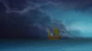 Das Schiff flieht vor einem Unwetter.