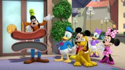 L-R: Goofy, Donald Duck, Mickey Mouse, Pluto, Daisy Duck, Minnie Mouse