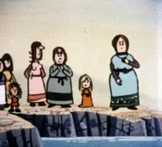 Besorgt beobachten die Frauen am Strand, wie Wickie mit den Kindern auf einem Floß zum Geisterschiff rudert.