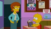 Während Homer und Ned in Streit geraten, wird Lisa (r.) von einer neuen Vertretungslehrerin (l.) ohne ersichtlichen Grund gequält ...