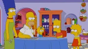 Halten zusammen, als Bart zu Unrecht beschuldigt wird, zu Ostern einen Streich in der Schule gespielt zu haben: Marge (l.), Homer (2.v.l.), Maggie (M.), Bart (2.v.r.) und Lisa (r.) ...