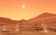This image shows a summerday from mars with little dust devils.