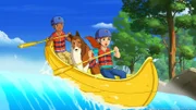 Zoe (vorne) und Harvey (hinten) müssen mit ansehen, wie Drew und Emma mit ihrem Kanu in eine lebensgefährliche Situation geraten.
