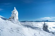 Zu sehen ist die Bergkette der Julischen Alpen im Winter