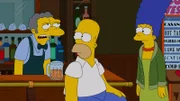 Moe (l.) ist mal wieder frustriert und versucht, Selbstmord zu begehen. Im letzten Moment kann Homer (M.) ihn retten. Daraufhin beschließt Marge (r.), dass man Moe etwas Gutes tun müsse ...