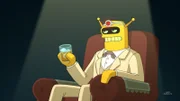 Um Bender und Fry aus ihrer Verzweiflung zu holen, hat Professor Farnsworth eine Lösung parat. Man müsste Calculon (im Bild) nur wiederauferstehen lassen, indem man seine Software-Seele aus der Robo-Hölle befreit und in seine sterblichen Überreste hochlädt ...