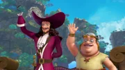 Captain Hook und Smee grüßen einen Neuankömmling.