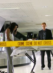 Dr. Tara Price (Megalyn Echikunwoke) und Horatio (David Caruso) untersuchen die Leiche einer Flugbegleiterin, die blutüberströmt auf das Förderband der Gepäckausgabe gefallen ist.