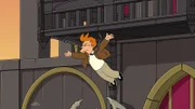 Als Fry (im Bild) um Leelas Hand anhalten möchte, stürzt er vom Vampire State Building. Doch ein von Professor Farnsworth erfundenes Gerät kann vielleicht sein Leben retten ...