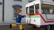 Feuerwehrmann Sam eilt dem fahrerlosen Bus nach.