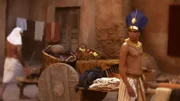 Zeitgenössische Texte berichten, dass Pharao Ramses II. (Abdeljalil Joudi) sich höchstpersönlich vom Wohlergehen seiner Arbeiter vergewisserte und ihnen Essen und Geschenke brachte.