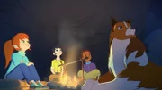 Zoé, Kim, Harvey und Lassie bewundern an ihrem Nachtlager hoch in den Bergen den Sternenhimmel.