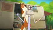 Lassie gelingt es, Doc Dudleys (hinten) Roboter Schnipp auszuschalten, der sich selbständig gemacht hat.