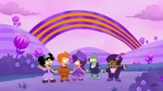 Heute gibt es eine Kostprobe von Präsident Nixons Lieblingscartoons: "Bendee-Boo", eine Scooby-Doo-Karikatur, und "Purpur-Beeren-Teich", eine sinnlose Kinderserie, die eine Dauerwerbesendung für ungesunde Frühstückscerealien ist. Mit dabei (v.l.n.r.) Amy, Fry, Leela, Bender und Hermes ...