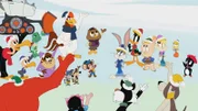 Hinter: Bugs Bunny (6.v.r.), Daffy Duck (5.v.r.), Porky Pig (4.v.r.), Lola Bunny (3.v.r.), Tweety (2.v.r), Pauleen Penguin (r.)