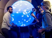 Im Adventure Aquarium in Camden, NJ, spricht Anand Varma mit Regisseur Marshall Curry über die Mondquallen, von denen viele Nachkommen von Quallen sind, die er in seinem Labor gefilmt hat. (National Geographic/Michael Churton)