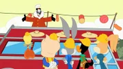 Hinter: Chef Poyung Panda. Vorne, v.li.: Tweety, Porky Pig, Bugs Bunny, Daffy Duck, Lola Bunny